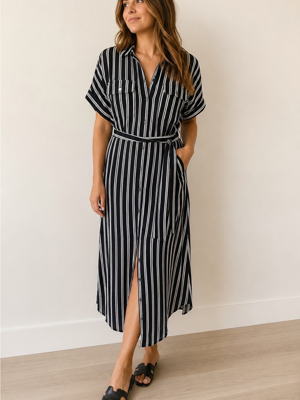 Lauren Ralph Lauren Striped Belted Shirt Dress‎ Black White Midi Small Office